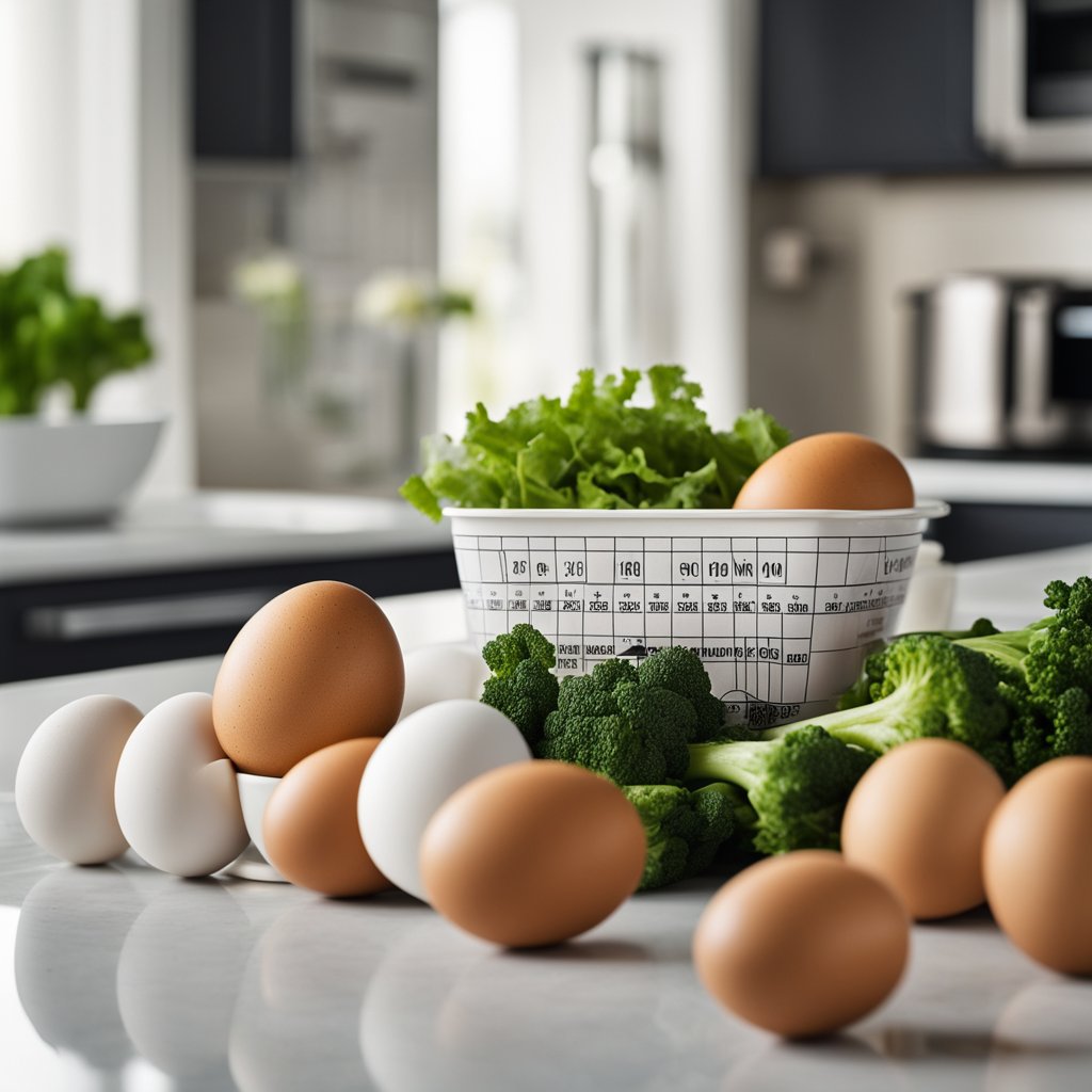 A carton of eggs sits on a kitchen counter, surrounded by a measuring tape, a scale, and a bowl of fresh vegetables
