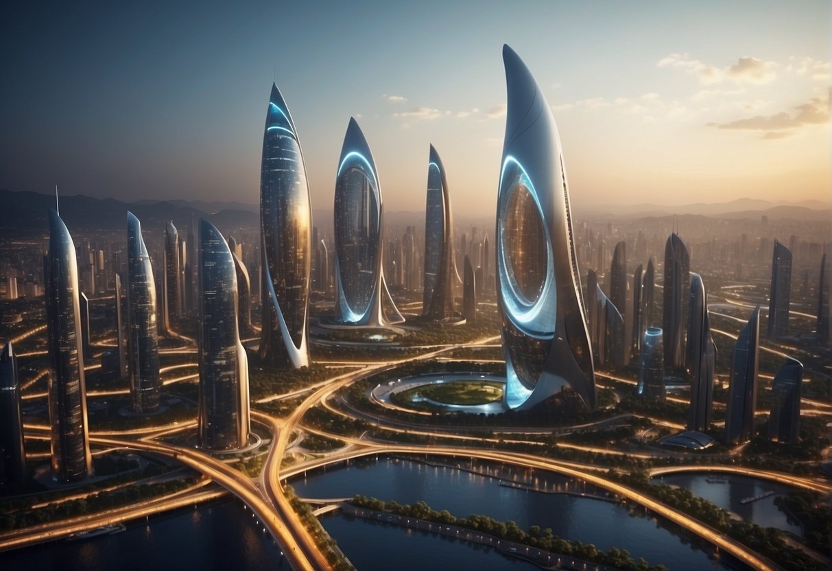 A futuristic city skyline with towering buildings and sleek, upgradeable infrastructure. The landscape is dotted with advanced technology and renewable energy sources