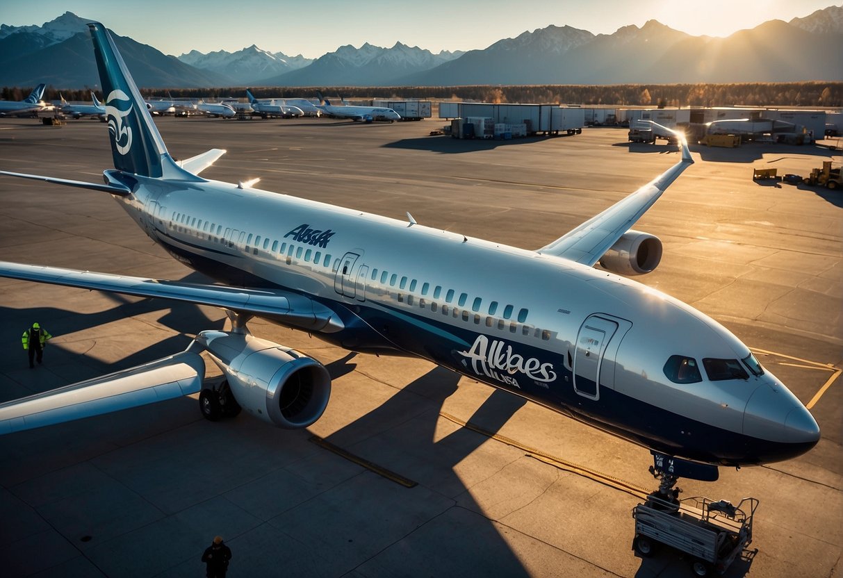 A sleek, modern Alaska Airlines plane sits on the tarmac, with a crew of workers upgrading its features. The aircraft's exterior gleams in the sunlight, showcasing the airline's commitment to enhancing the passenger experience