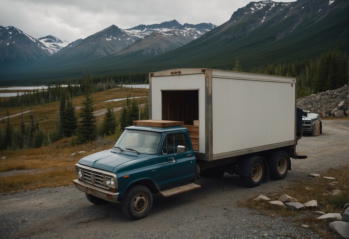A delivery truck pulls up to a remote Alaskan cabin, unloading furniture from a well-known store. The rugged landscape provides a stark contrast to the modern pieces being brought inside