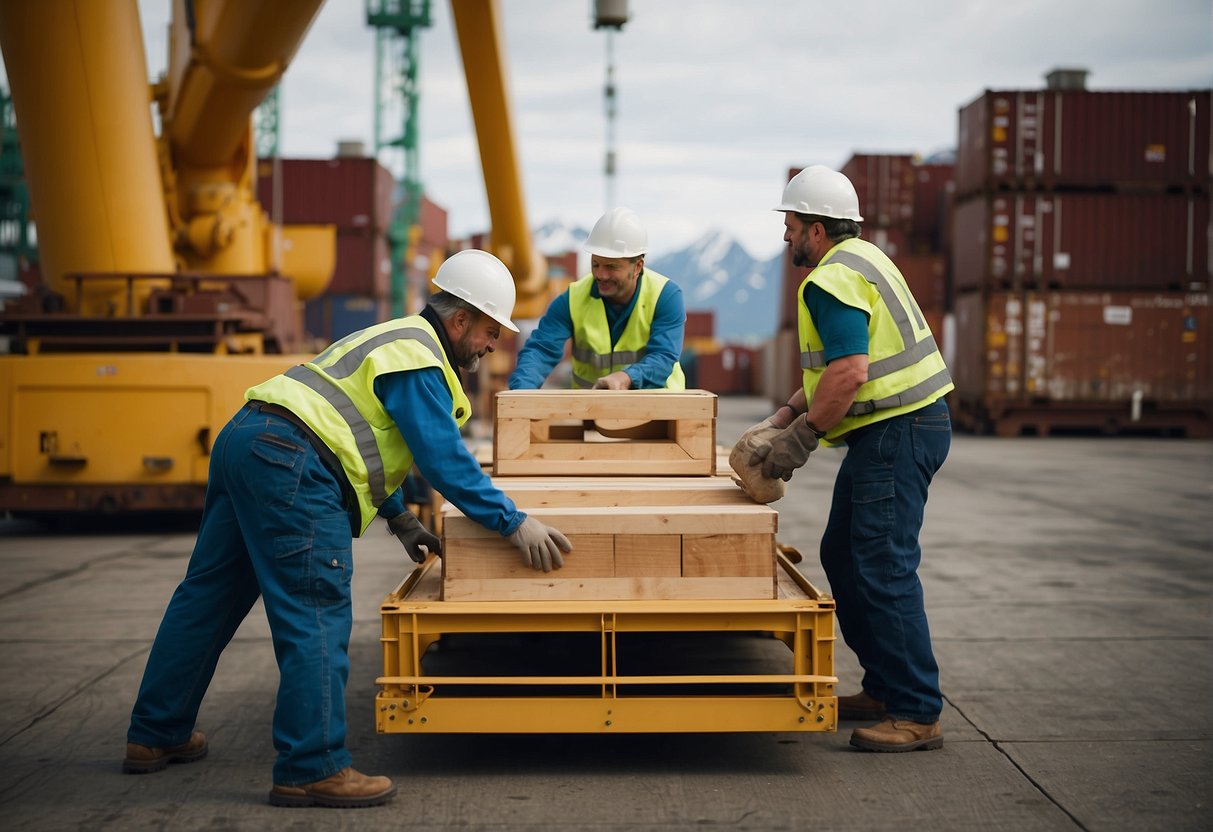 Furniture being loaded onto a cargo ship bound for Alaska, with workers carefully securing each piece for safe transport across the ocean