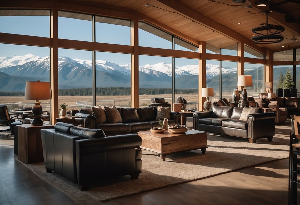 A customer browsing through a variety of furniture options in a spacious showroom, with large windows showcasing the scenic Alaskan landscape outside