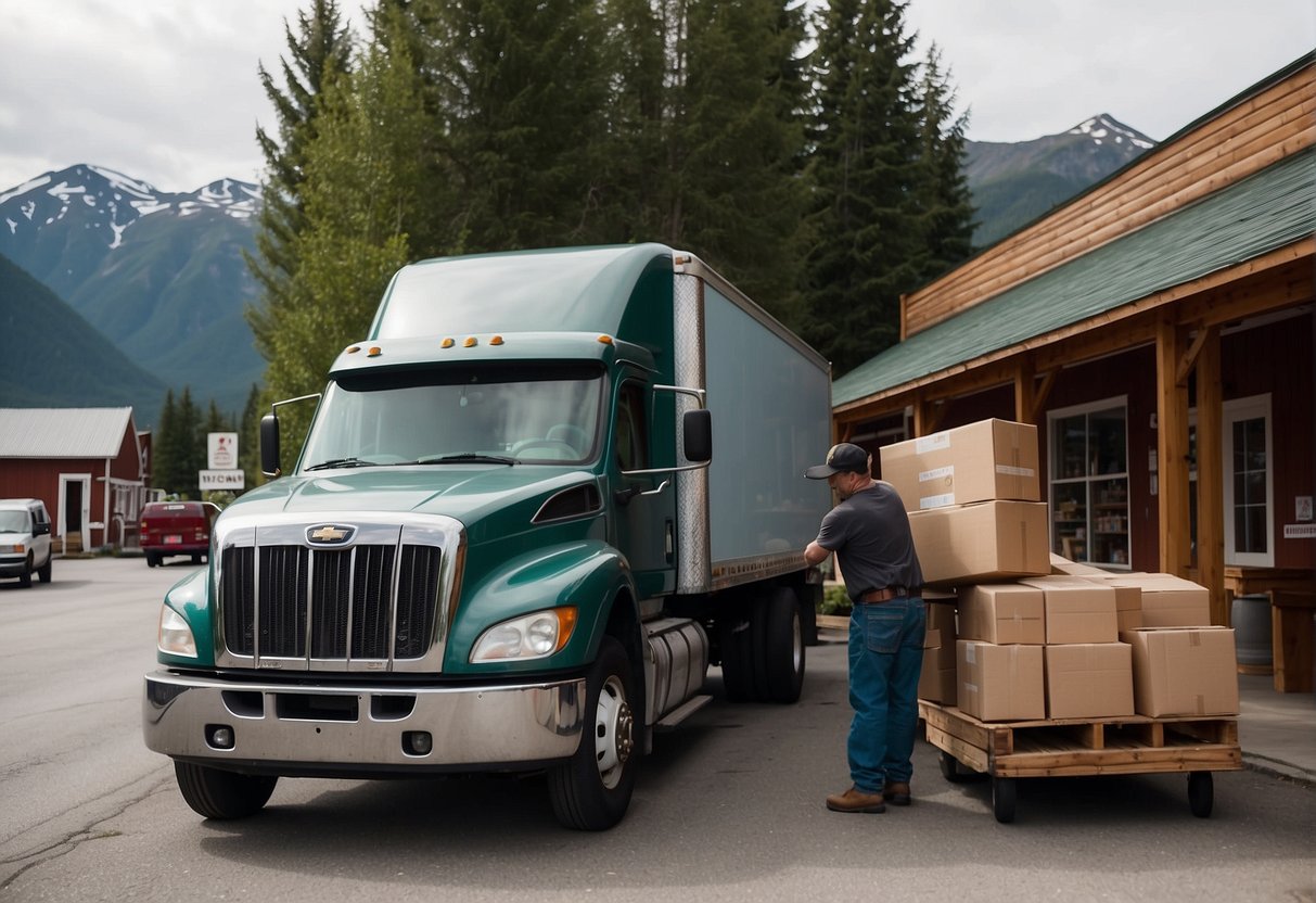 A delivery truck pulls up to a quaint furniture store in Alaska, as workers load up carefully packaged items for shipment