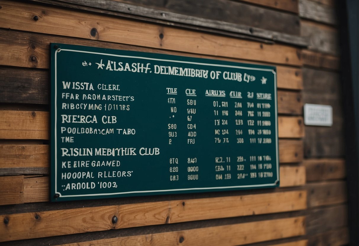 The scene depicts a signboard displaying various membership options and pricing for the Alaska Club, with clear and visible text