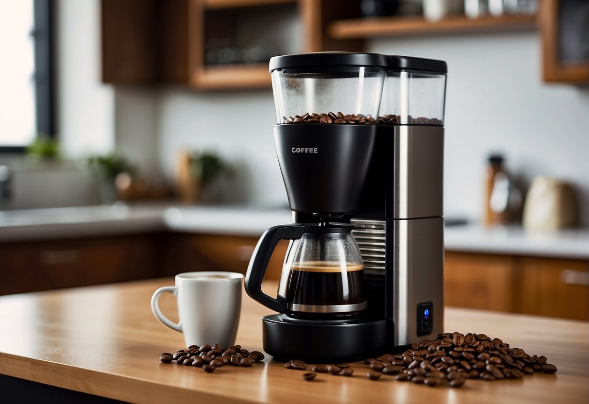 A steaming cup of flavored coffee sits on a clean, modern kitchen counter, surrounded by a few scattered coffee beans and a sleek, minimalist coffee maker