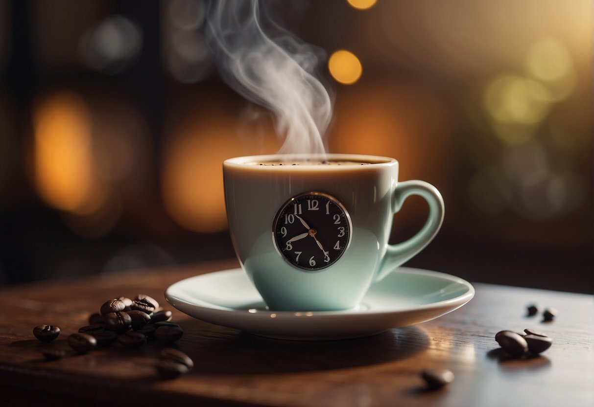 A steaming cup of flavored coffee sits next to a clock showing the time for fasting