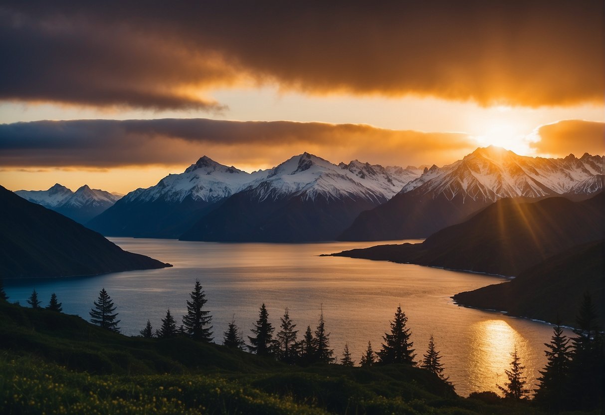 Alaska and Hawaii share the same time zone. The sun sets over the Pacific Ocean, casting a warm glow on the islands and snow-capped mountains
