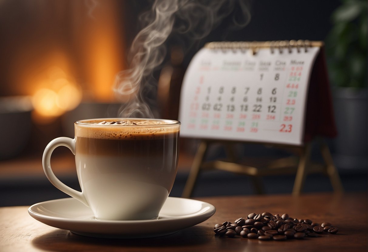 A steaming cup of flavored coffee sits next to a calendar marking a fasting schedule. The aroma of coffee fills the air, while the question "does flavored coffee break a fast?" lingers in the mind