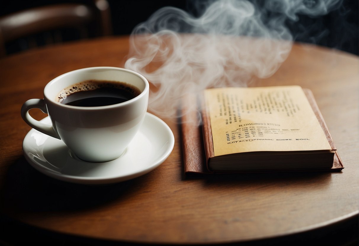 A steaming cup of flavored coffee sits next to a fasting guidebook, with a warning label and caution sign in the background