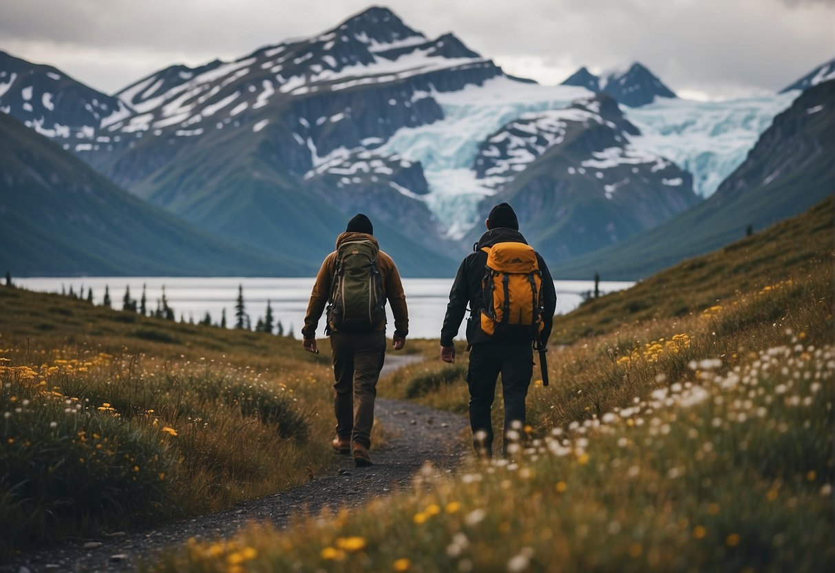 DACA recipients explore Alaska's rugged landscapes, with snow-capped mountains and glaciers in the distance. Wildlife, such as bears and moose, roam freely in the untouched wilderness