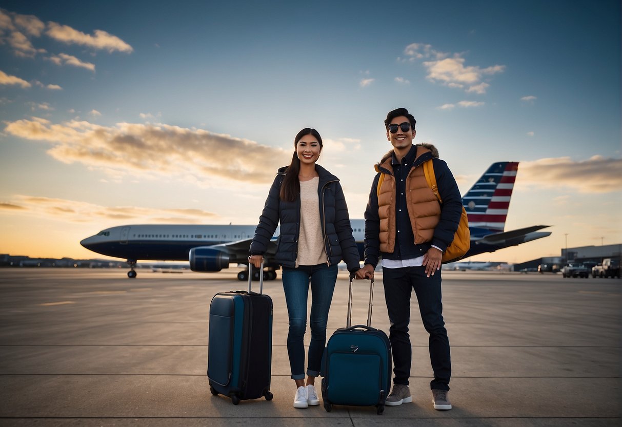 DACA recipients with suitcases at an airport, standing in front of a sign pointing to Alaska. A plane is visible on the tarmac
