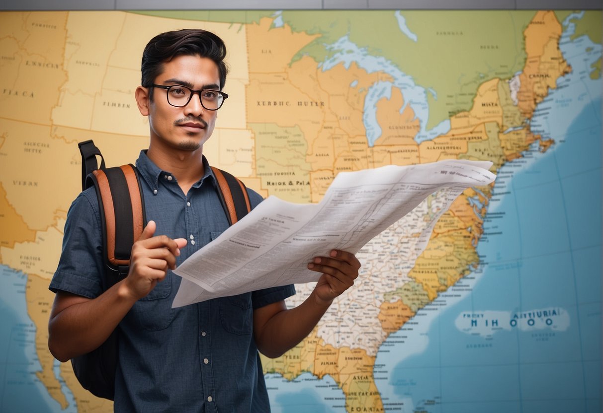 A Daca recipient holding travel documents, standing in front of a map of Alaska with a perplexed expression
