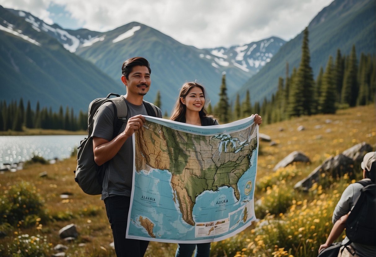 Daca recipients traveling to Alaska, with a map in hand, surrounded by scenic mountains and wildlife