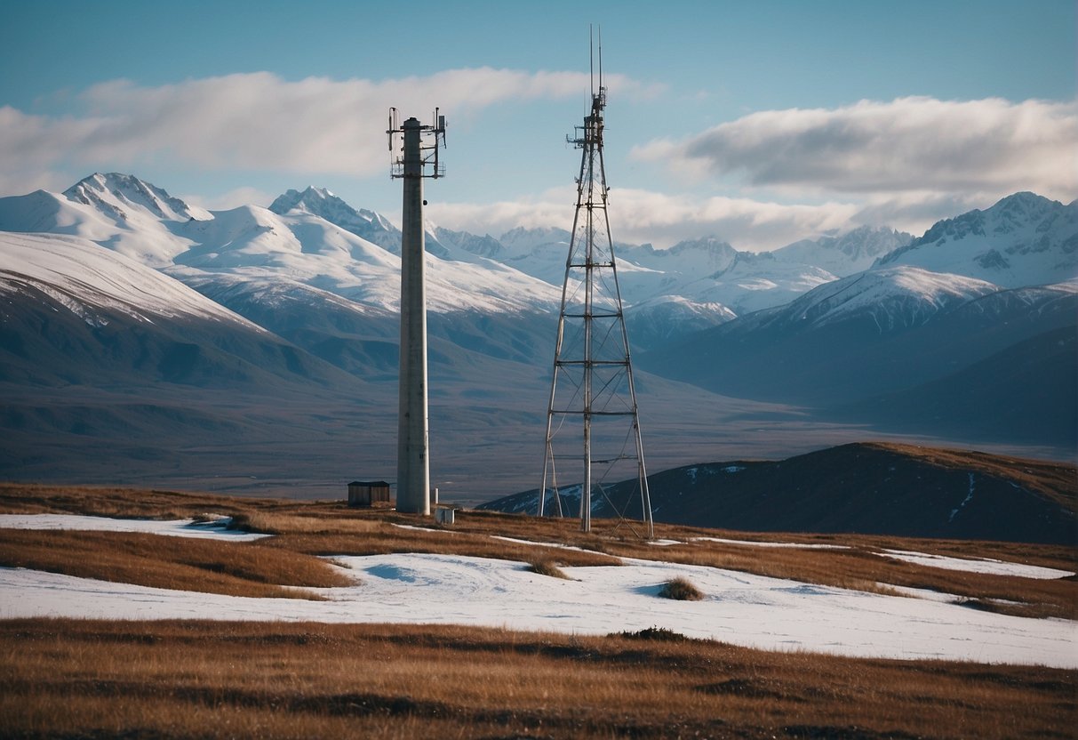 A rugged Alaskan landscape with a lone cell phone tower standing tall against the backdrop of snow-capped mountains and a vast expanse of wilderness