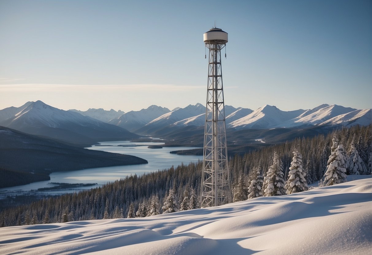 A snowy Alaskan landscape with a cell phone tower in the distance, and a Straight Talk logo prominently displayed in the foreground