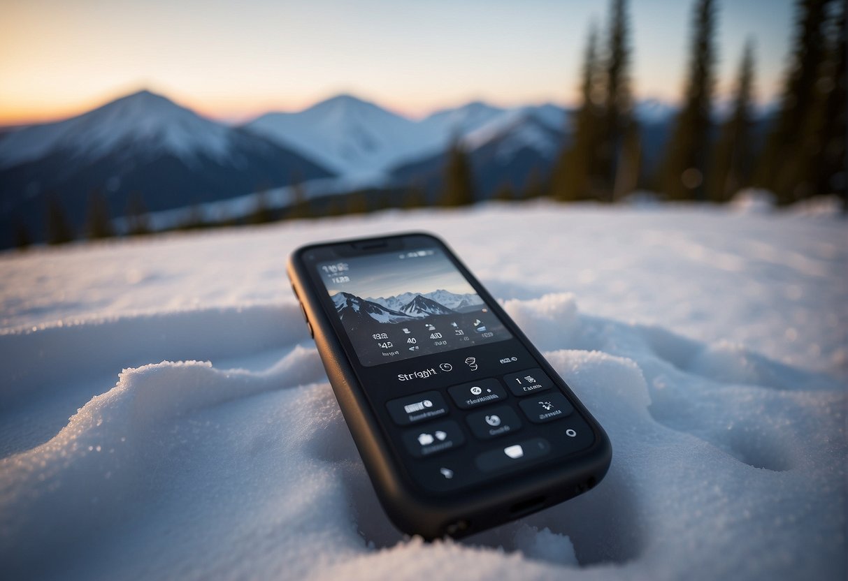 A cell phone with the "Straight Talk" logo displays a strong signal bar in a snowy Alaskan landscape