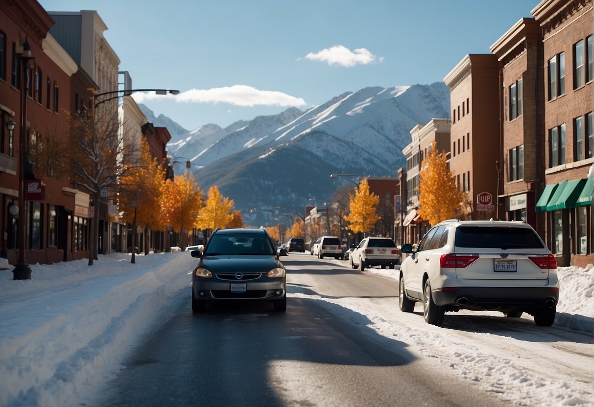Snow-covered streets with a backdrop of mountains. A car with the Uber logo drives through the city, passing by colorful buildings and a moose crossing sign