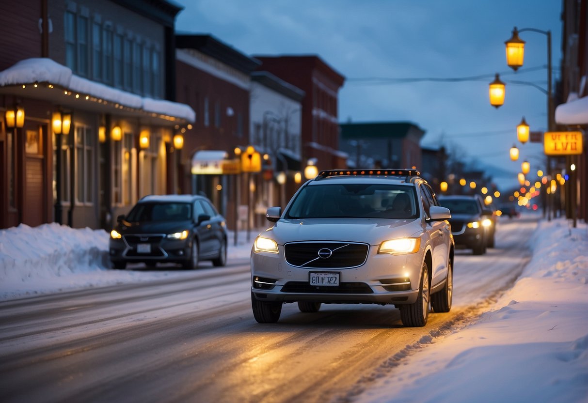 An Uber car drives through the snowy streets of Anchorage, passing by the city lights and snow-covered buildings