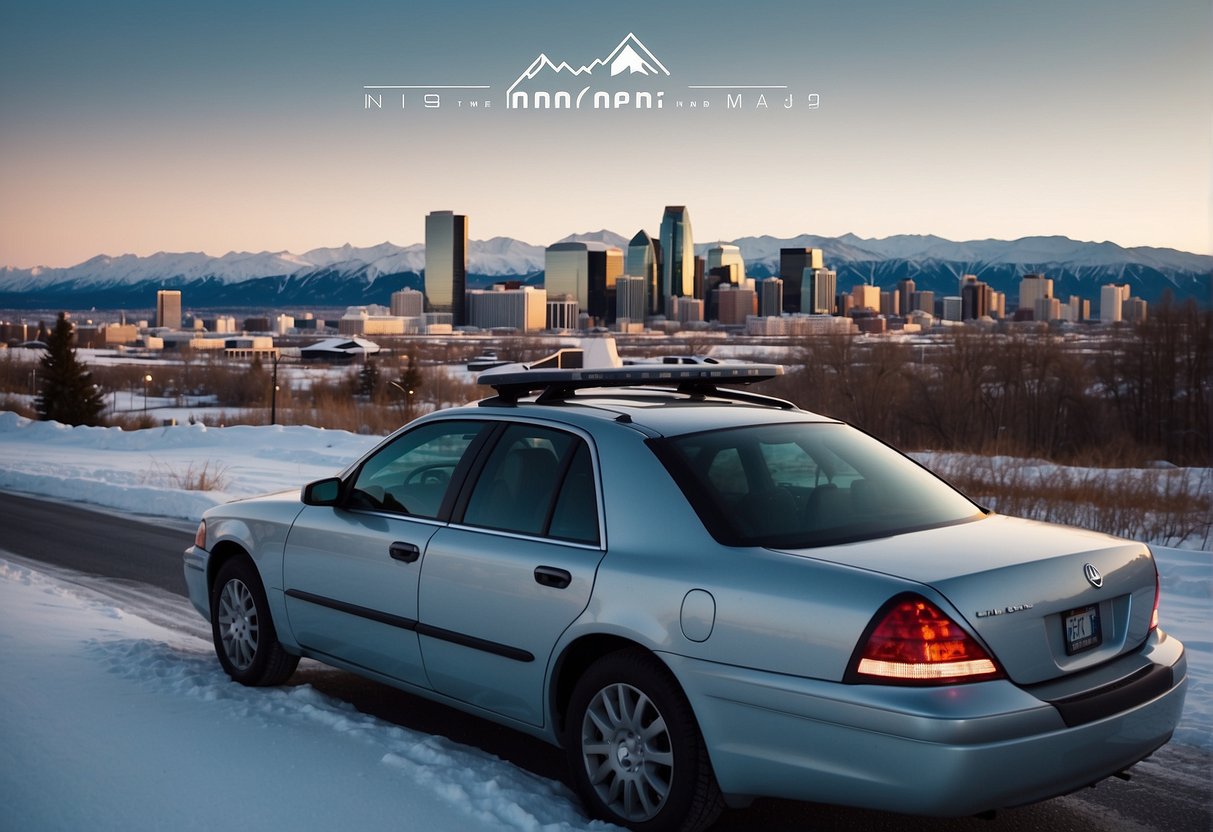 Anchorage skyline with Uber logo on a car, snowy mountains in the background