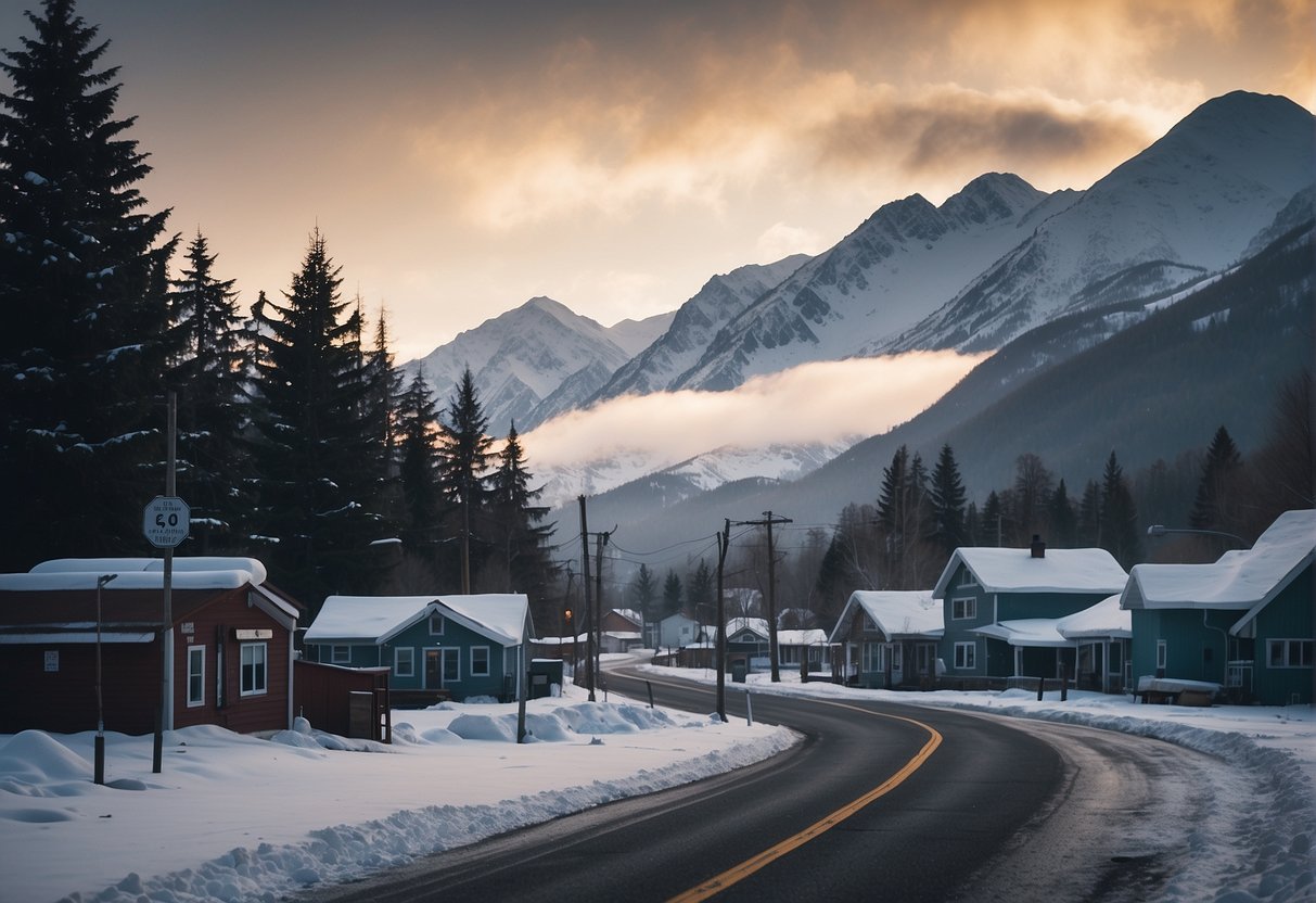 Snow-covered mountains loom over a small village in Alaska. A thick layer of fog hangs in the air, adding an air of mystery to the scene