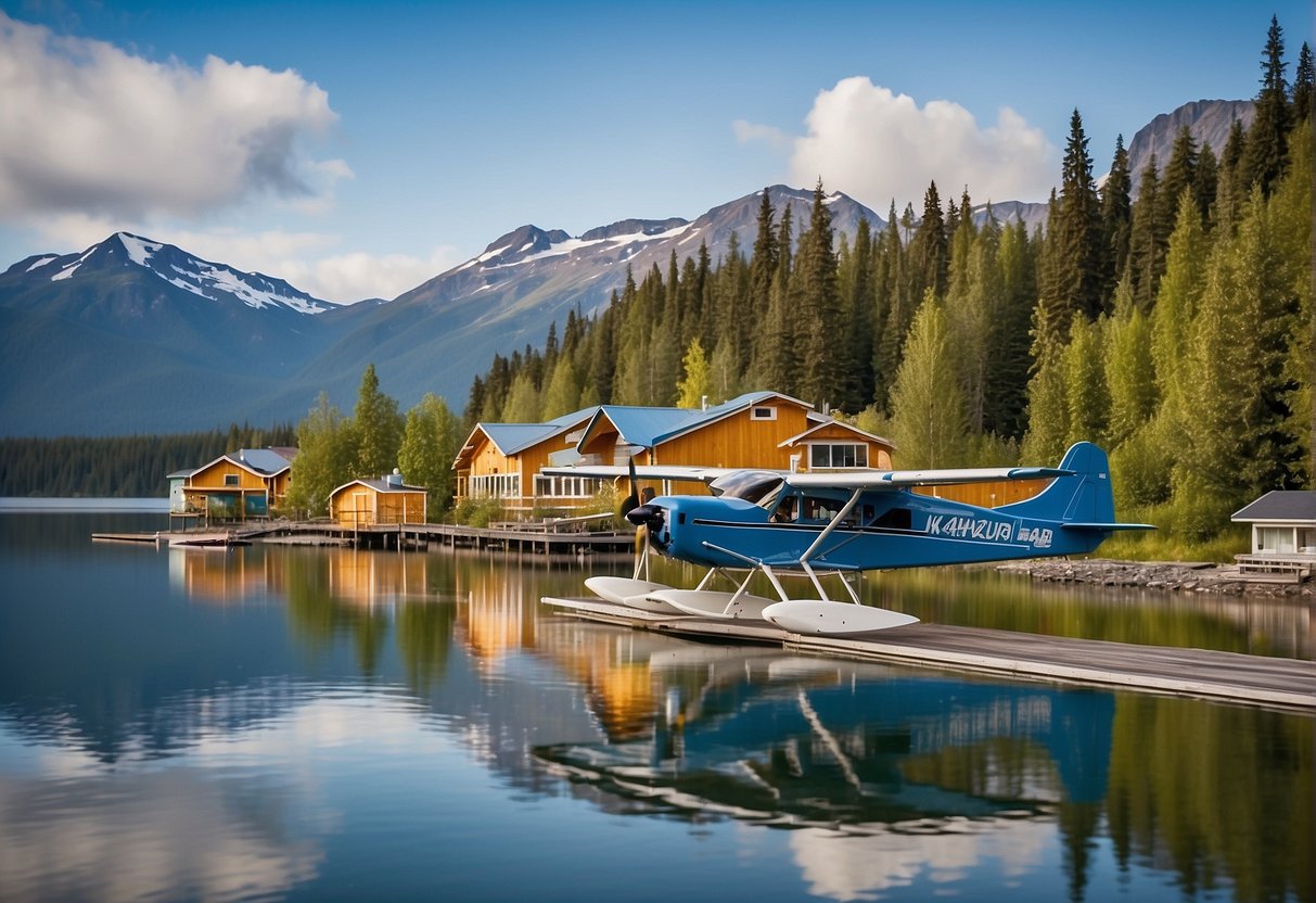 Lake Hood, Alaska's largest seaplane base, sits nestled among picturesque mountains and lush greenery. Seaplanes dot the water's surface, with a backdrop of colorful cabins and serene natural beauty