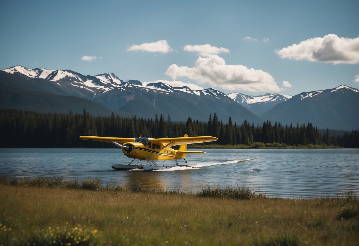 Seaplanes taxiing on Lake Hood, Alaska. Hangars line the shore, with mountains in the background