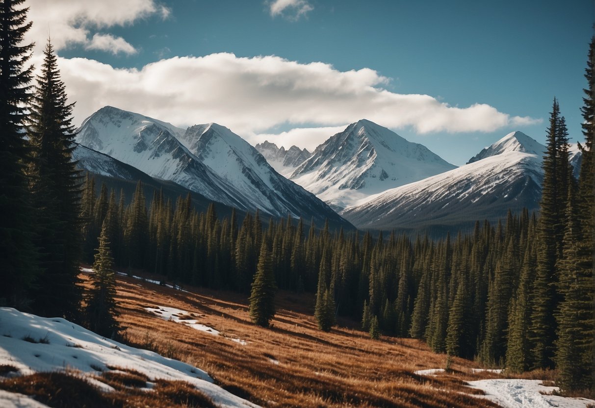 A snowy landscape in Alaska with a prominent hooded structure in the distance, surrounded by tall mountains and pine trees