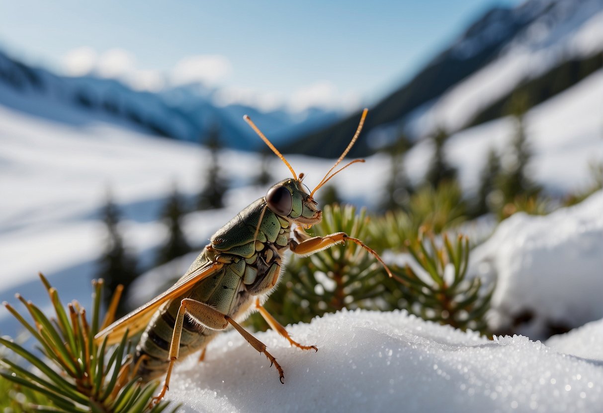 A cricket chirps in a snowy Alaskan landscape, surrounded by tall mountains and pine trees