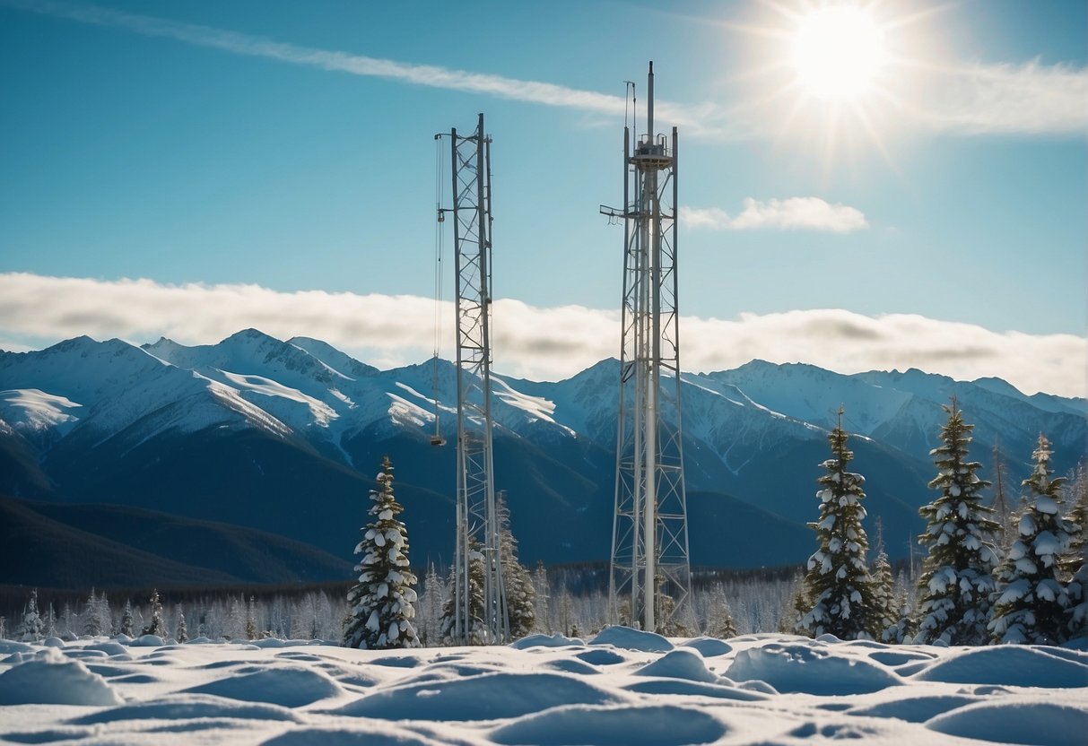 A snowy landscape in Alaska with a Cricket Wireless tower standing tall against the backdrop of mountains and a clear blue sky