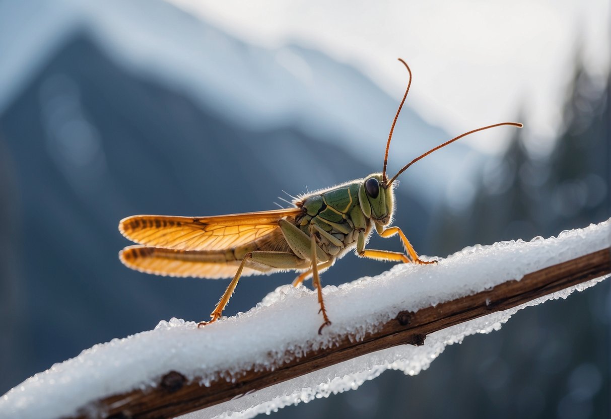 A cricket perches on an icy branch in the Alaskan wilderness, surrounded by snow-covered trees and mountains in the distance
