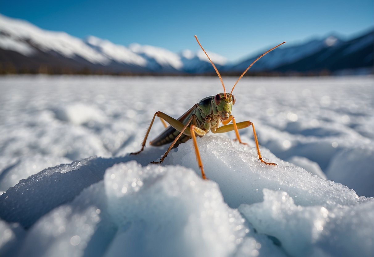 A cricket sits on a snowy landscape in Alaska, surrounded by icy terrain and snow-capped mountains under a clear blue sky