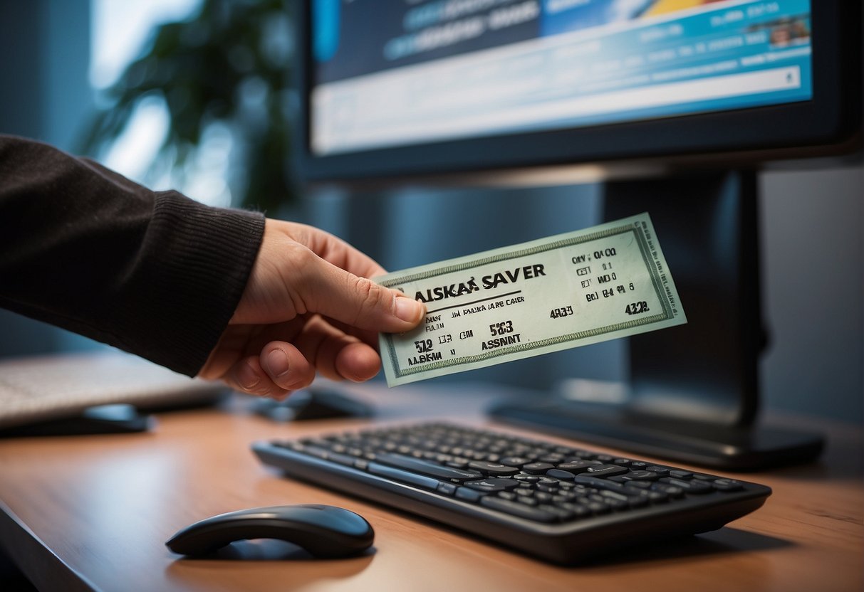 A hand reaches for a ticket with "Alaska Saver Fare" printed on it, while a computer screen displays options for upgrading the fare