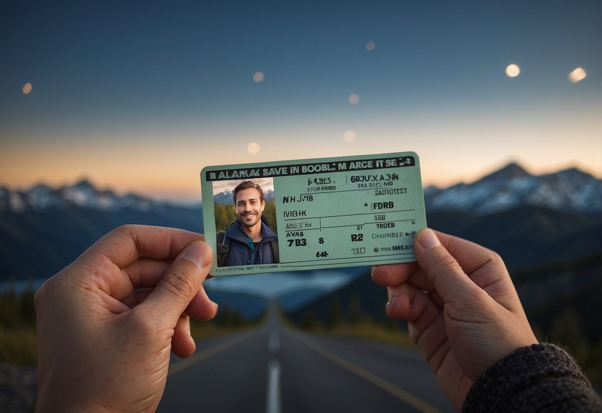 A traveler holding a ticket, looking at a sign for Alaska Saver Fares, with a question mark above their head