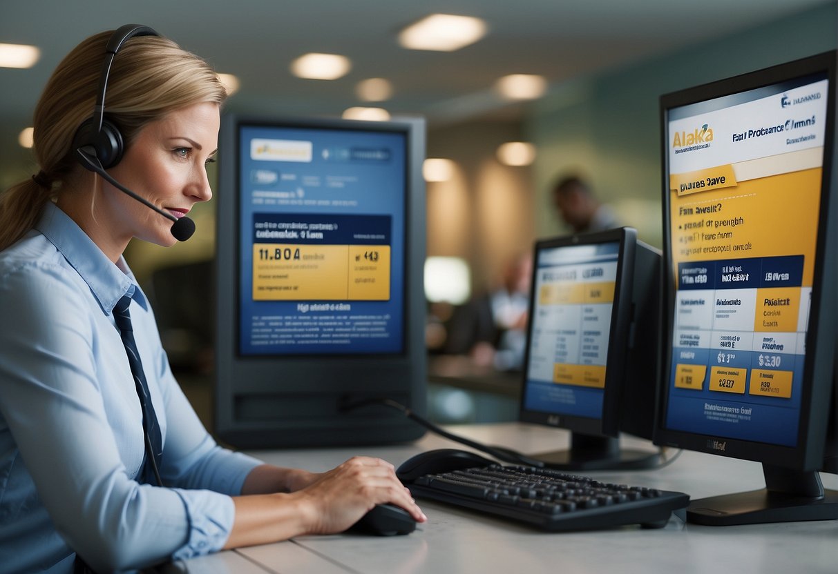 A customer service representative answering a phone call, with a computer screen showing the Alaska Saver Fare upgrade policy