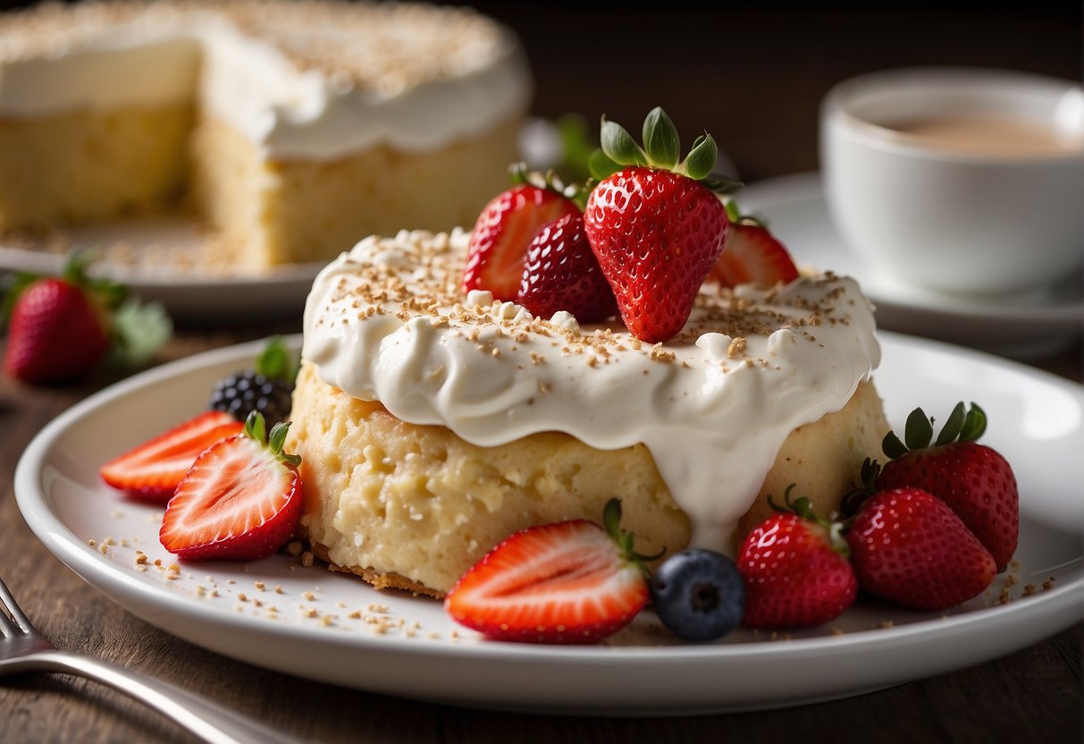 A tres leches cake sits on a plate, covered in a creamy glaze. It is surrounded by fresh strawberries and a dollop of whipped cream
