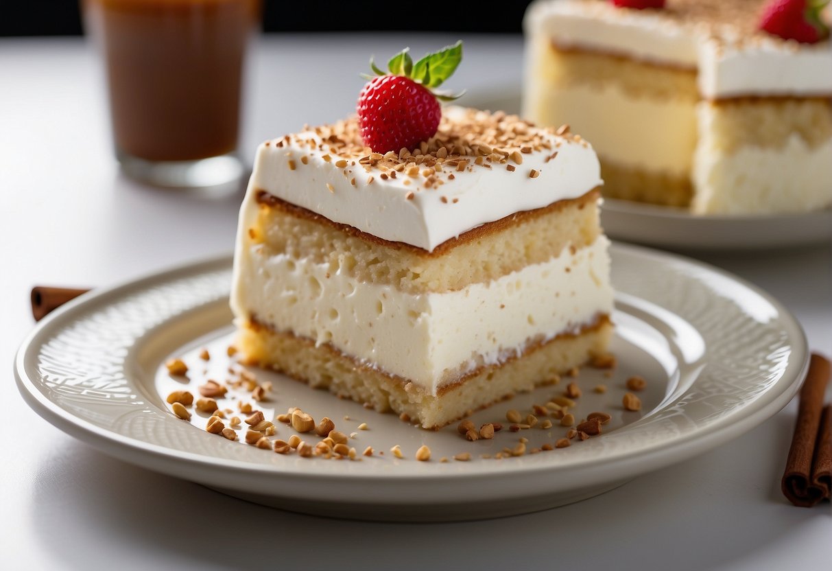 A Tres Leches Cake sits on a white porcelain platter, soaked in three types of milk. The cake is topped with a layer of whipped cream and a sprinkle of cinnamon