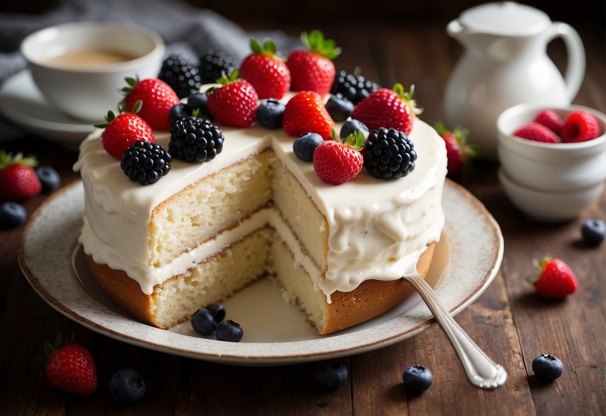 A tres leches cake sits on a rustic wooden table, adorned with a creamy glaze and fresh berries. A mixing bowl, whisk, and measuring cups are scattered around, showcasing the baking process
