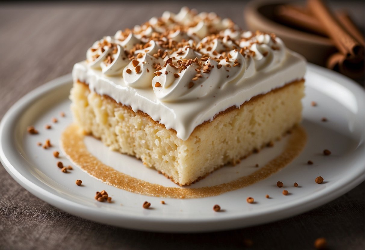 A tres leches cake sits on a white porcelain platter, adorned with swirls of whipped cream and a sprinkle of cinnamon
