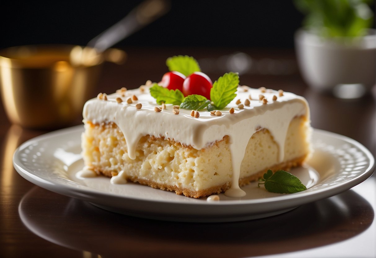 A tres leches cake sits on a shelf, covered in a creamy glaze. The cake is surrounded by various storage containers, indicating its potential shelf life