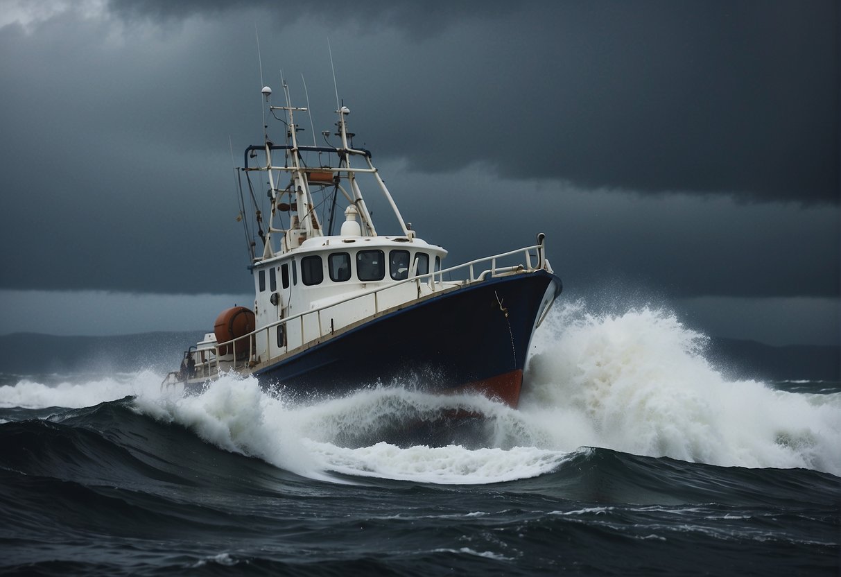 The Alaskan fishing boat battles through a fierce storm, waves crashing against the hull as the crew struggles to bring in their catch