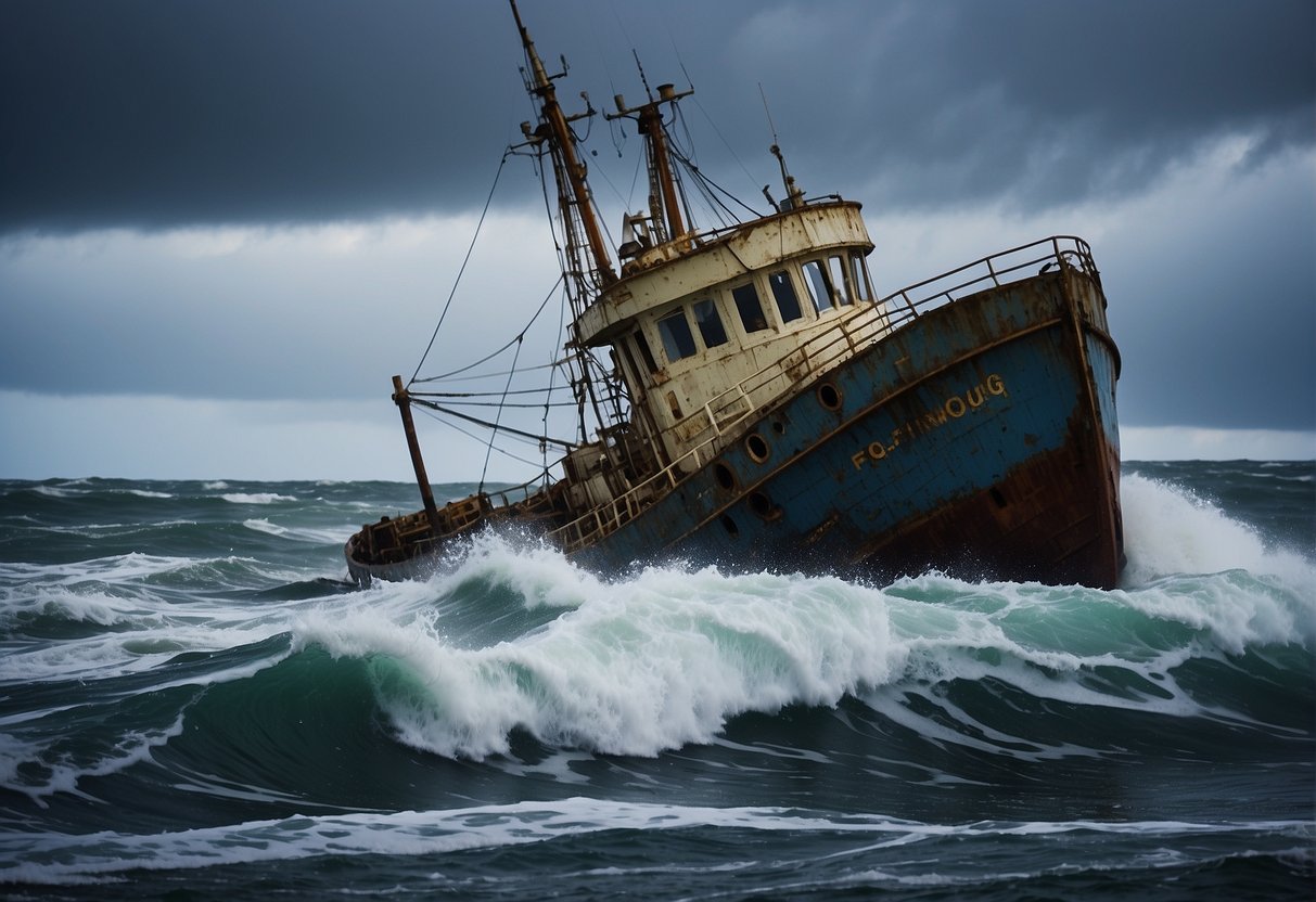 The stormy sea swirled around the abandoned fishing vessel, Lady Alaska, as it listed precariously to one side, its hull battered and broken
