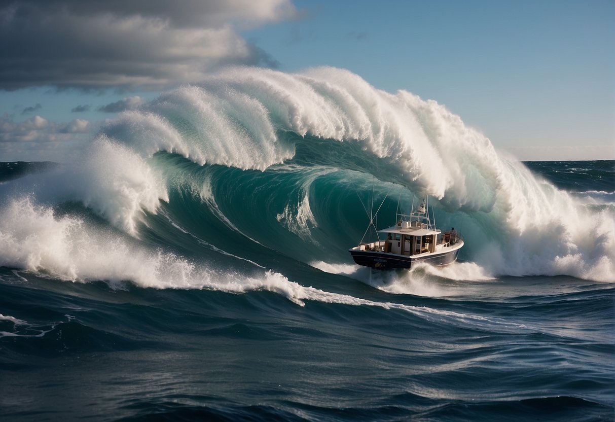 A large wave crashes over the deck of the fishing boat, sending equipment and crew members flying. The boat tilts dangerously, struggling to stay afloat in the rough waters