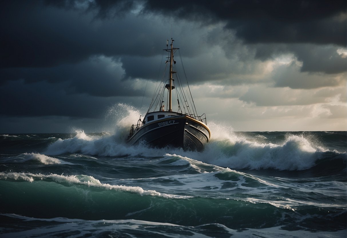 The scene depicts a stormy sea with a fishing boat in distress, surrounded by crashing waves and dark clouds