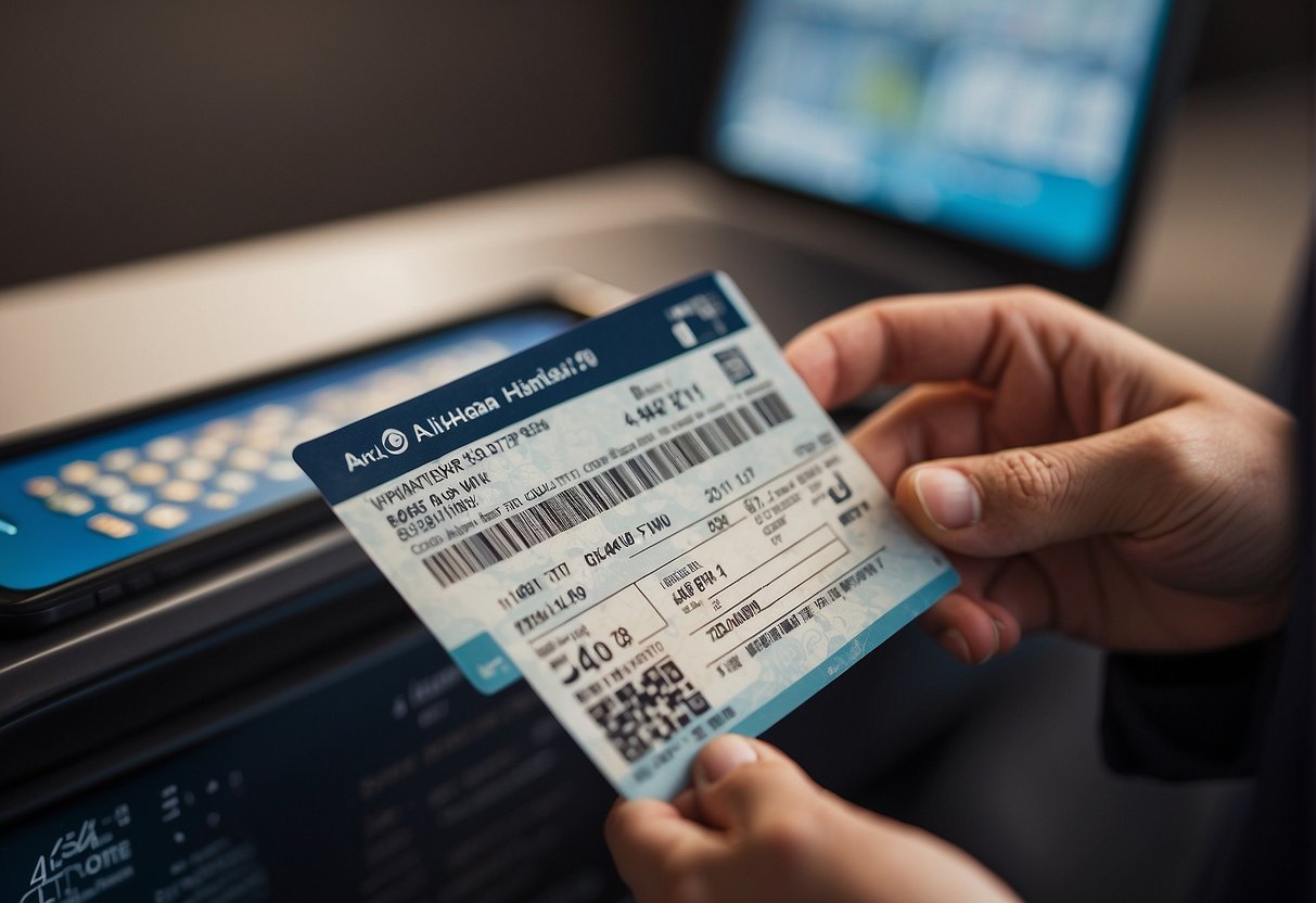 A hand holding a boarding pass with a Known Traveler Number being entered into an Alaska Airlines website or app