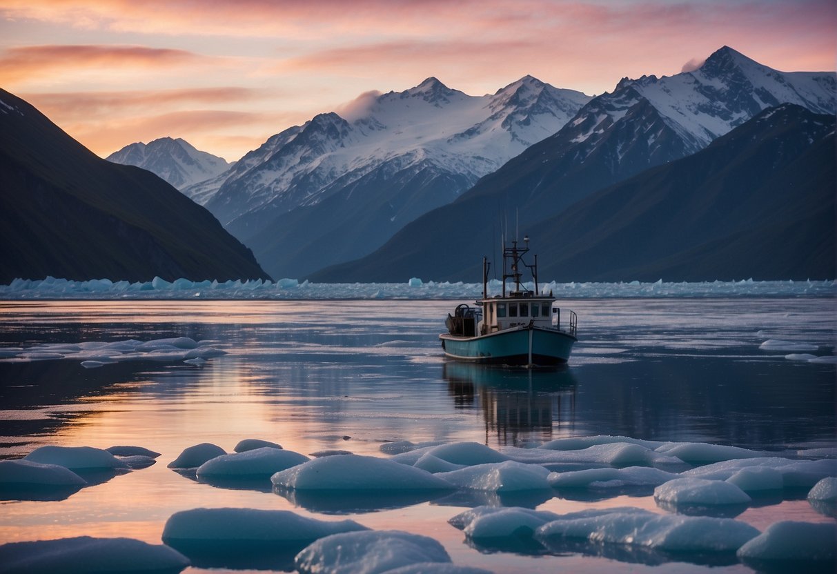 Snow-covered mountains loom in the background as a fishing boat navigates through icy waters in Alaska. The sky is a mix of soft pinks and blues as the sun sets behind the rugged landscape