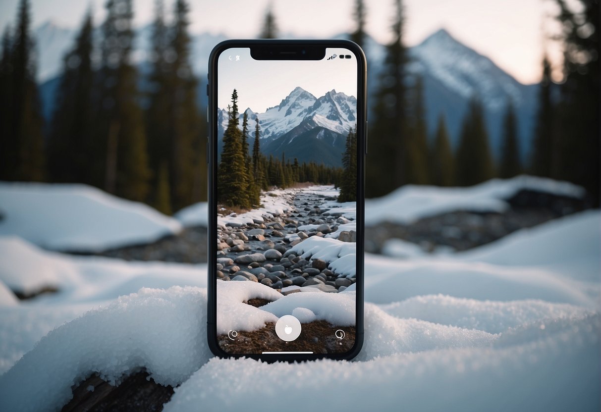A snowy landscape in Alaska with a cell phone displaying Visible's network coverage map. Snow-capped mountains and pine trees in the background