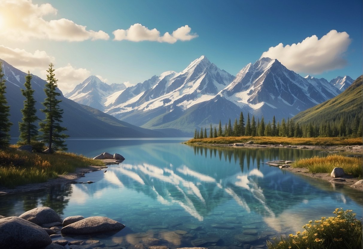 The illustration shows a serene Alaskan landscape with mountains, a clear blue sky, and a visible logo displayed prominently