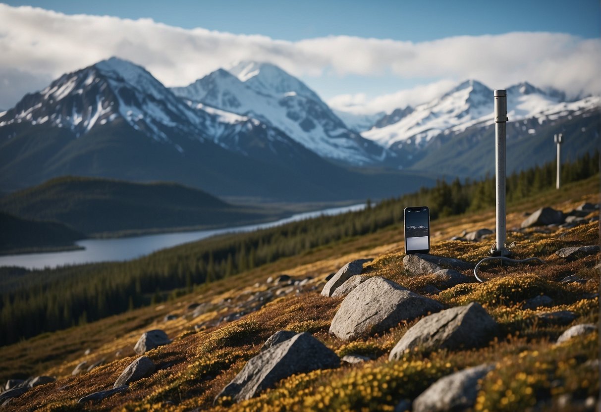A rugged landscape in Alaska with a snow-capped mountain in the background and a lone cell phone tower standing tall amidst the wilderness