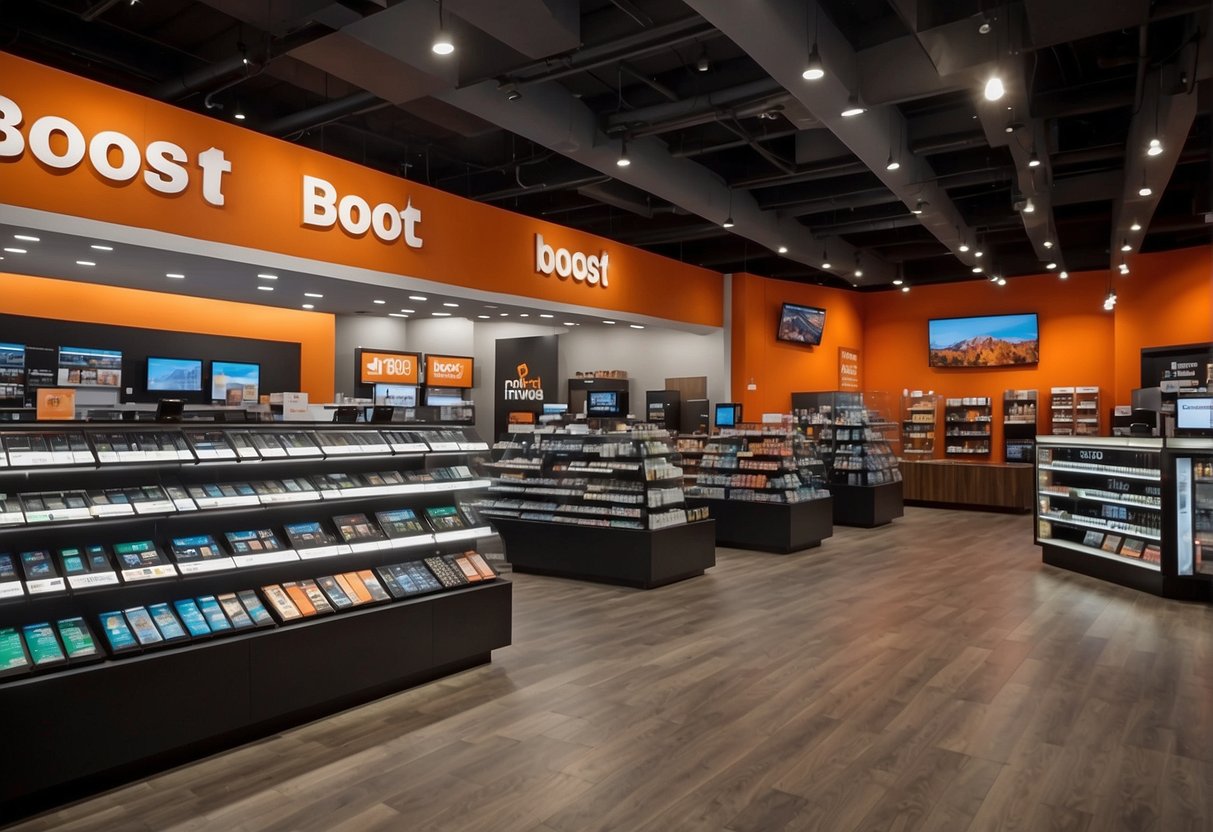 Boost Mobile service plans and options displayed in a store in Alaska. The store interior is bright and modern, with a variety of phones and plan information visible