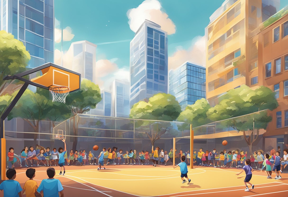 A basketball court filled with excited children, surrounded by vibrant facilities and located in the bustling city of Auckland